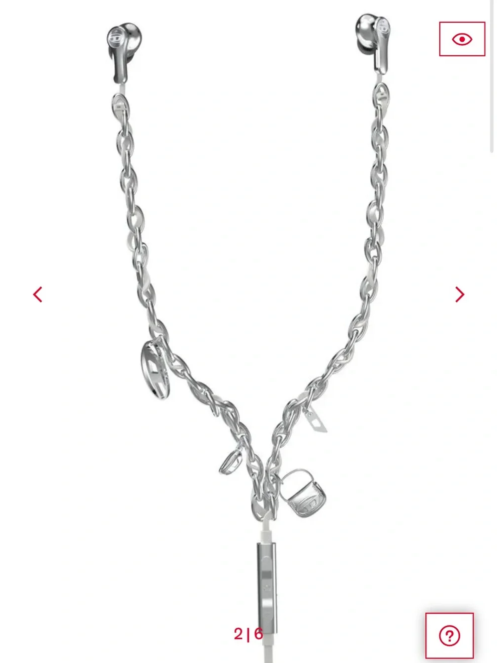 Diesel Silver Charm Chain Earphone Necklace with White Cable and Inline Control